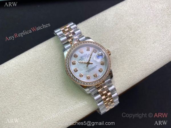 Swiss Copy Rolex Datejust 2-Tone Rose Gold Mop Dial Diamond watch 31mm Mid-size 2