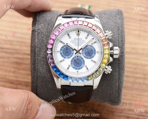 Fake Rolex Daytona Rainbow Watch Leather Band White Dial Japan-quartz 2