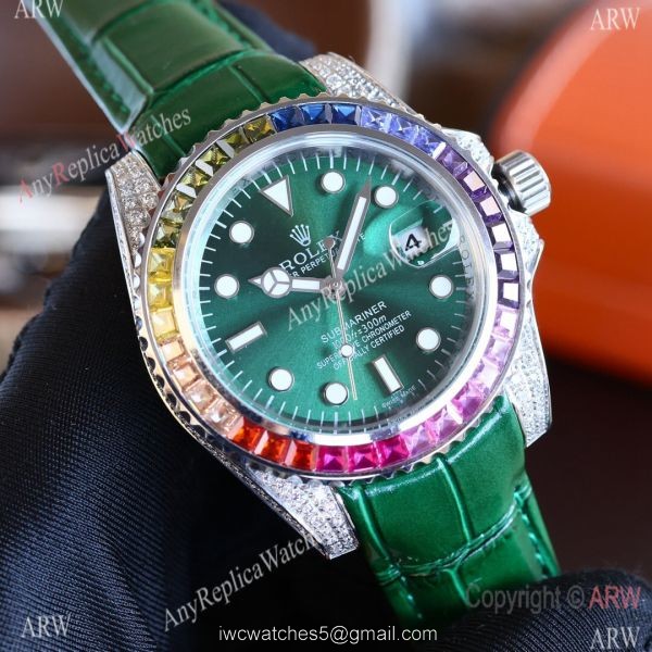 Top Replica Rolex Submariner Rainbow Bezel Red Leather Diamond Watch 2