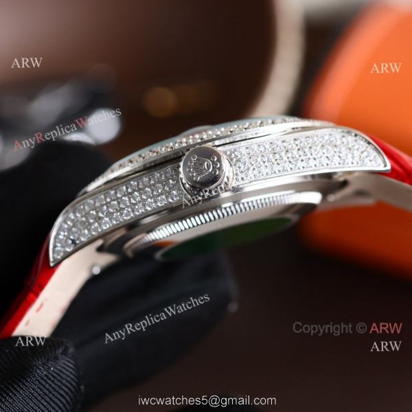 Rolex Submariner Diamond Bezel Red Face Leather Strap Citizen 8215 Watch 2