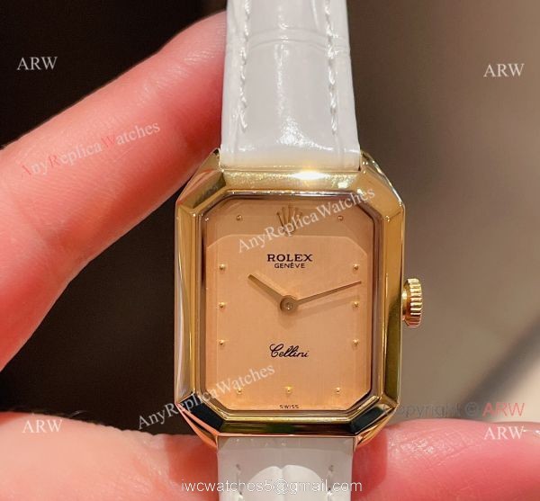 Replica Rolex Cellini 24MM Yellow Dial Gold Case Leather Strap Watch For Lady 2