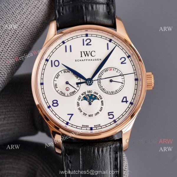 Fake IWC Portuguese Moonphase Rose Gold Case 42MM Brown Leather Strap Watch 2