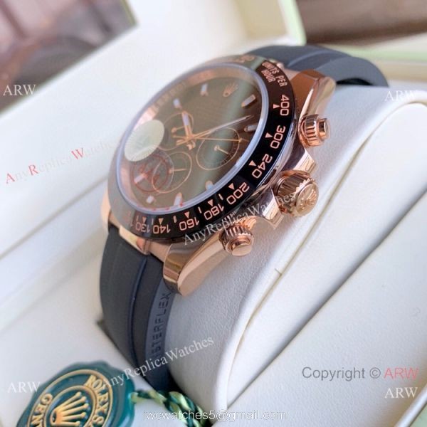 Copy Rolex Daytona 43mm Watch Rose Gold Chocolate Dial Rubber Strap 2