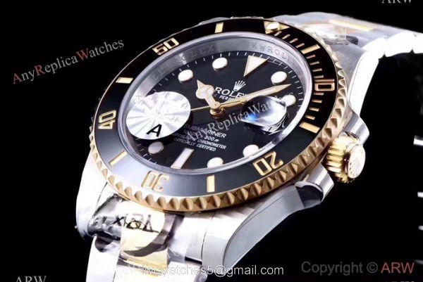 JF Factory 3135 Rolex Submariner 2 Tone Black Ceramic Watch 40mm 2