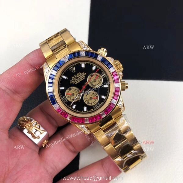 New Style Replica Rolex Daytona Rainbow Watch All Gold Diamond Bezel 2