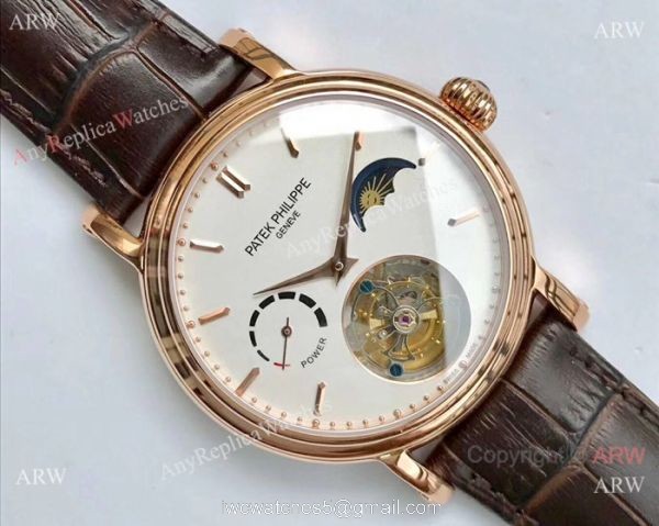 Swiss Grade Patek Philippe Power Reserve Watches Rose Gold Brown leather Strap 2