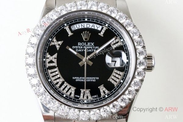 N9 Swiss Rolex Presidential Diamond Bezel Replica Watch Day-Date II SS Black Face 2
