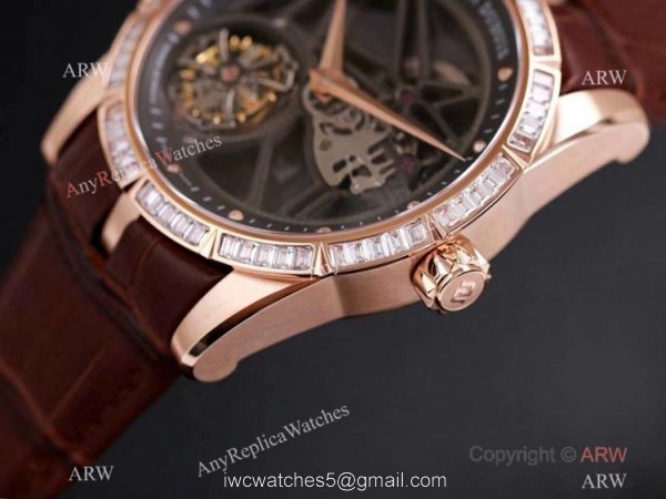 Super Clone Roger Dubuis Excalibur Skeleton Swiss Tourbillon JBF V3 Diamond Black Dial Watch Rose Gold 2