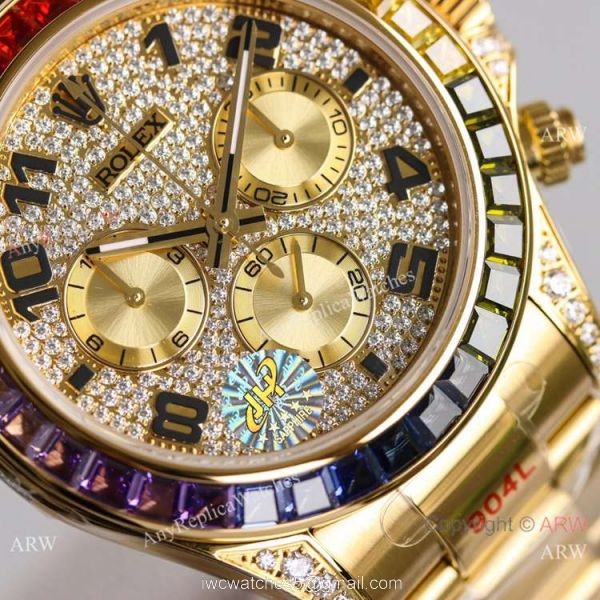 2021 NEW! Swiss Rolex Daytona JH 7750 Watch Rainbow Bezel Arabic Diamond Dial Yellow Gold 2