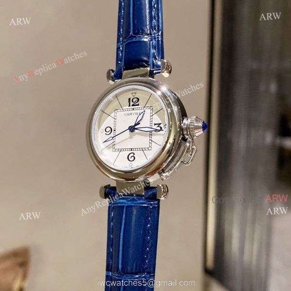 New Pasha De Cartier Watch 35mm white face blue leather strap replica 2