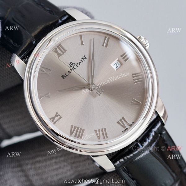 Fake Blancpain Villeret Gray Face 40MM Watch With Roman Markers Leather Band 2