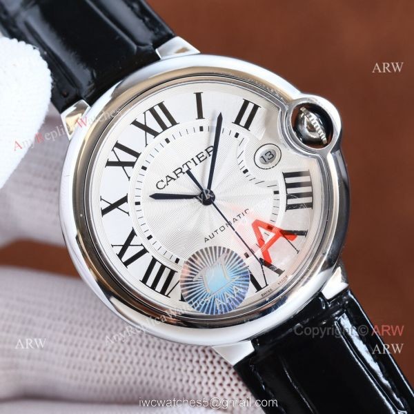 Copy Balloon Blue Cartier SS Silver Face Watch with Black Leather Strap 2