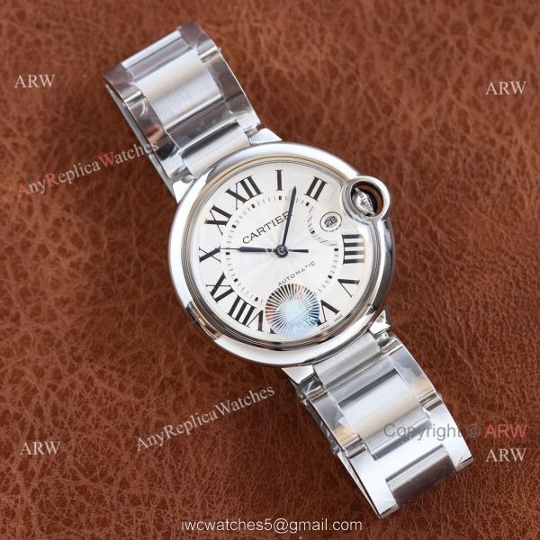 Copy Balloon Blue Cartier Silver Face 42mm Stainless Steel Strap Watch 2