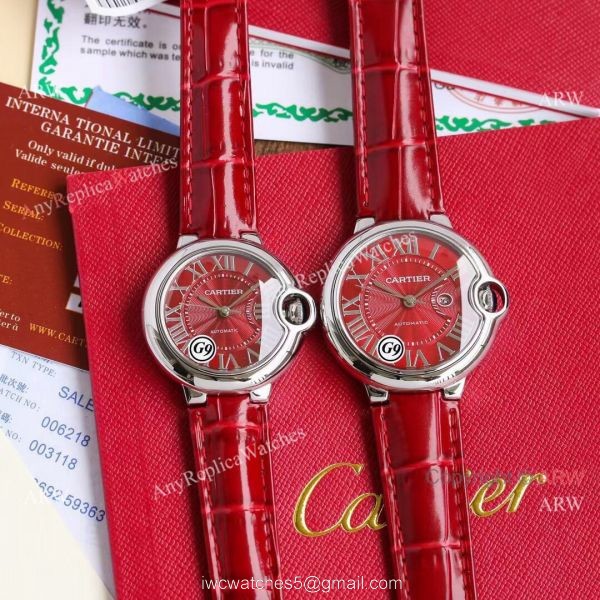 Copy Balloon Blue Cartier Red Dial Watch Polished SS Case Leather Strap 2