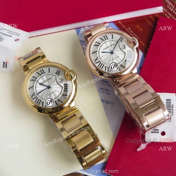 Replica V6 Cartier Balloon Blue Rose Gold Case White Face Watch SS Strap 2