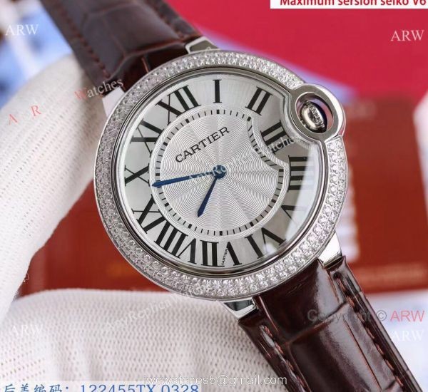 Replica V6 Cartier Balloon Blue Diamond Bezel White Face Watch Brown Leather Strap 2