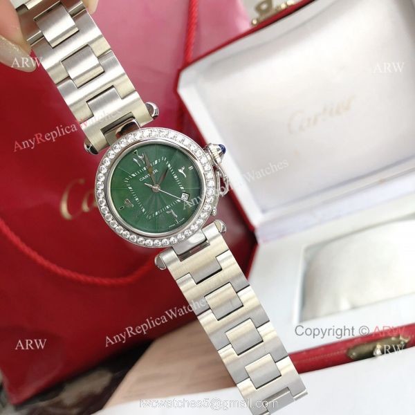 New Replica Cartier Pasha Diamond Bezel Deep Green Dial 316L SS Watch With Arabic Markers 2