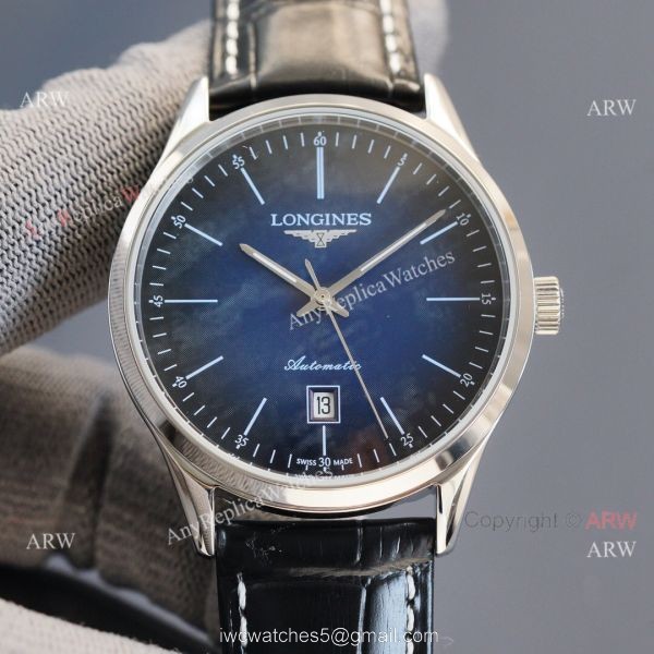 Replica Longines Elegant Gray Meteorite Texture Dial Black Leather Strap Watch 8215 Movement 2