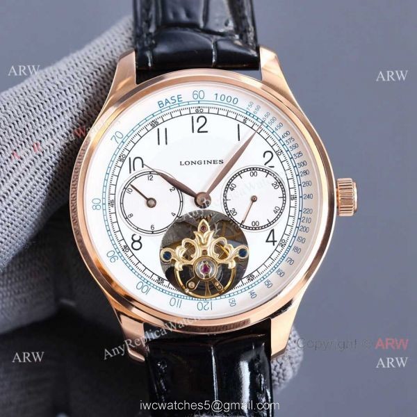 Copy Longines Master Tourbillon Rose Gold Case Black Face Leather 42MM Watch 2