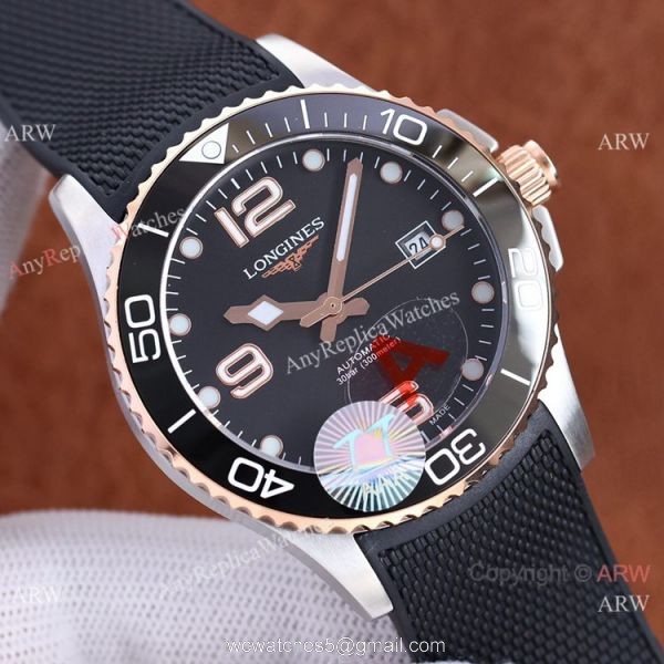 Swiss Quality Longines Hydroconquest Automatic 2-Tone Rose Gold Ceramic Bezel Rubber Strap 41mm 2