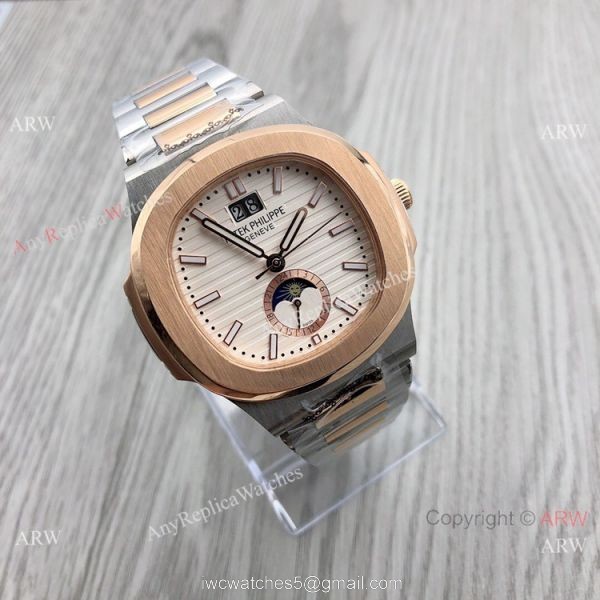 Patek Philippe Annual calendar Nautilus 8215 Two Tone Rose Gold Brown Dial Copy Watches 2