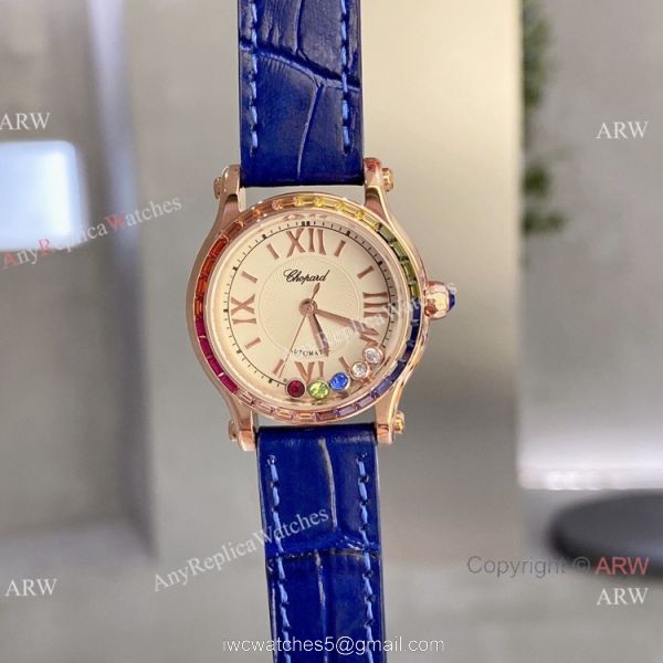 Replica Chopard Happy Sport Quartz 30mm Watch Rainbow bezel Rose Gold 2