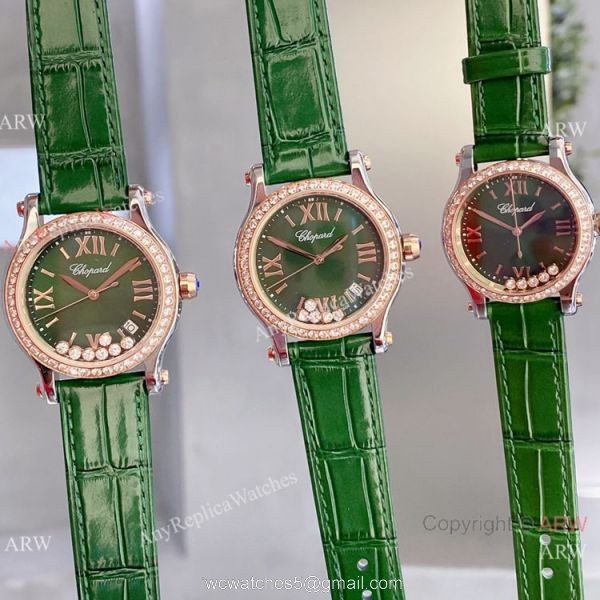 Copy Chopard Happy Sport Quartz Watch Rose Gold Olive Green Face 2