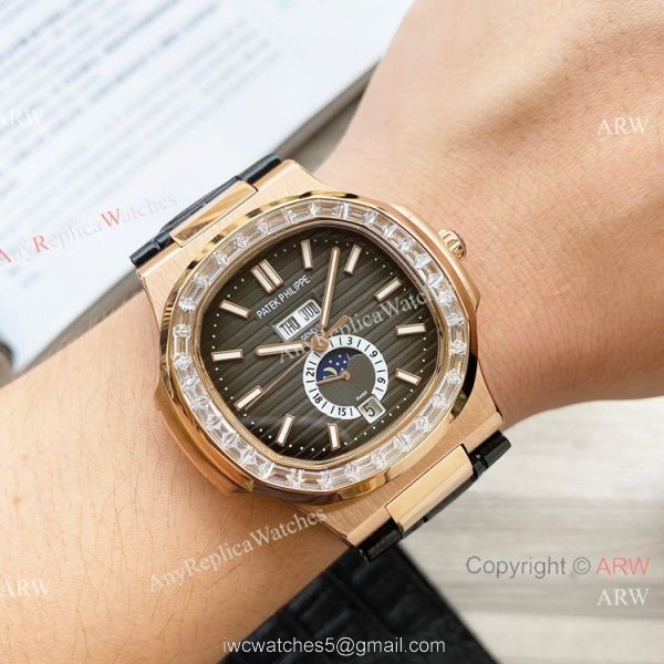 Clone Patek Philippe Annual Calendar Nautilus Watch Brown Leather Strap Diamond Bezel 2
