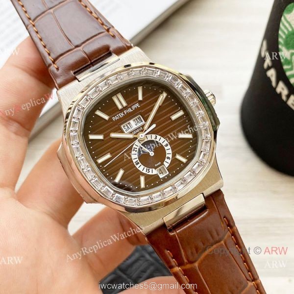 Clone Patek Philippe Annual Calendar Nautilus Watch Gray Dial Diamond Bezel 2