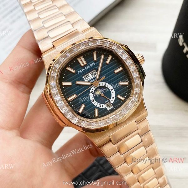 Clone Patek Philippe Nautilus Annual Calendar 42 Watches Rose Gold Diamond Bezel 2
