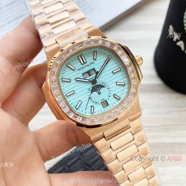 New Clone Patek Philippe Nautilus Annual Calendar Watch Baby Blue Face with Diamonds 2