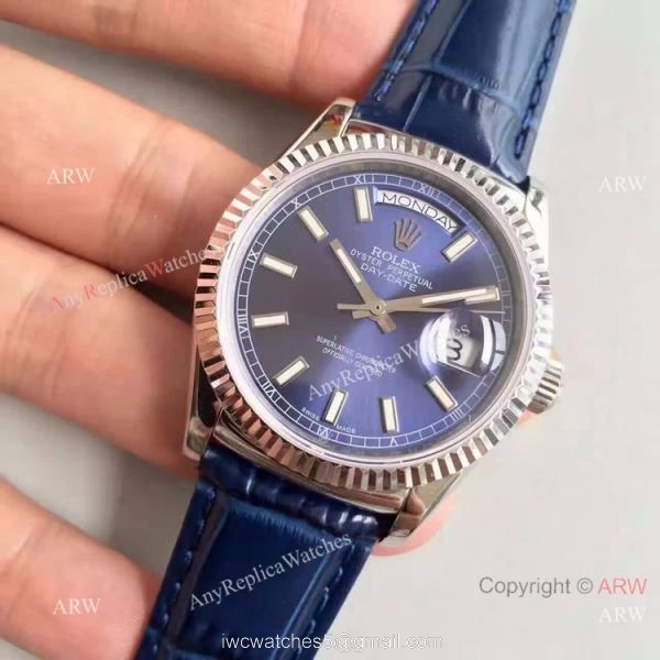 Swiss Copy Rolex SS Day Date Oyster Watch Blue Dial Blue Leather Replica 3