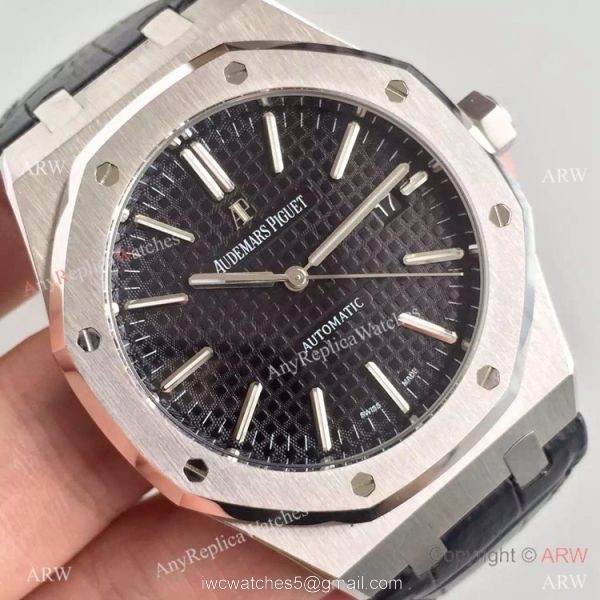 Replica JF Audemars Piguet Royal Oak Ss Black Leather Bracelet AAA Grade Replica Watches Sale 3