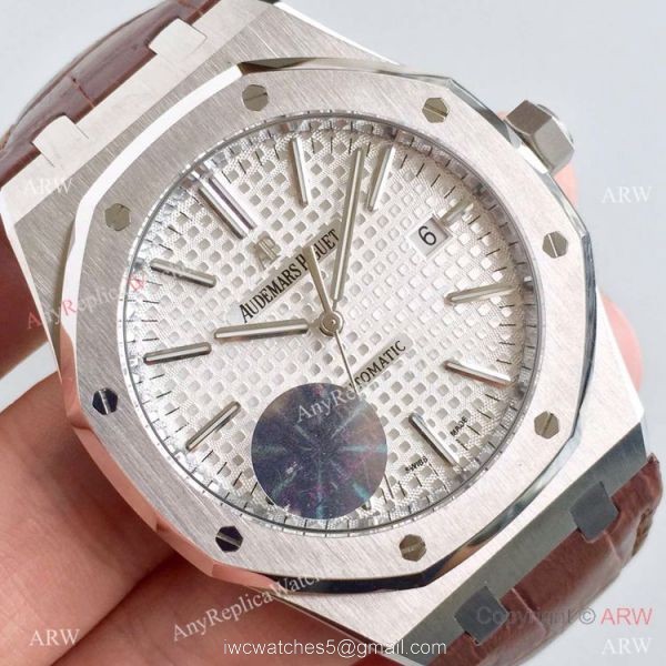 JF Factory Swiss Audemars Piguet Replica Watch Silver Face Brown Leather Band 3