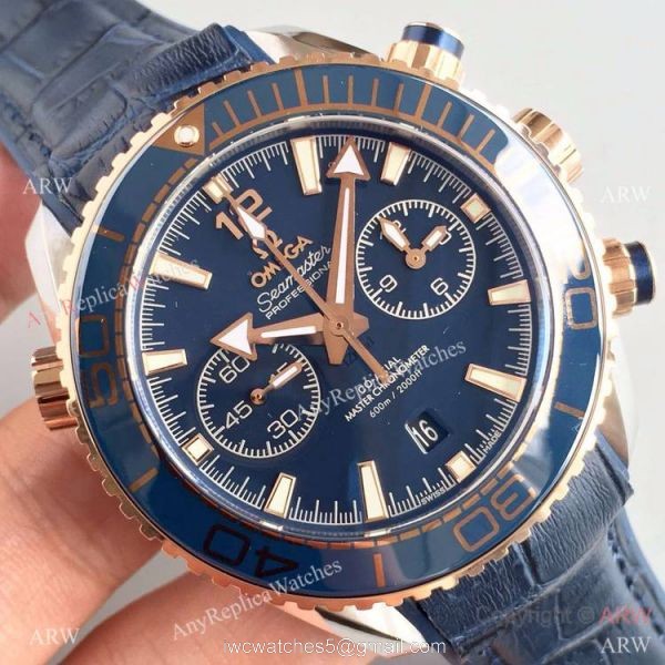 (OM)New Copy Swiss Omega Seamaster 9900 Watch Rose Gold Blue Leather 3