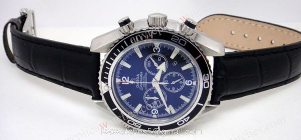 Replica Omega Watch: Omega Seamaster Knockoff Co-Axial Black Chronograph Leather Strap 3