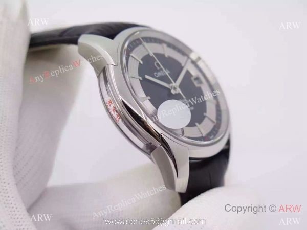 Swiss Omega De Ville Fake SS Black Leather Watch 8500 Movement 3