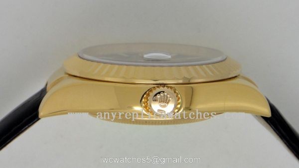 Rolex Replica Datejust Watch GOLD w/ Black Wave Face Black Leather Band 3