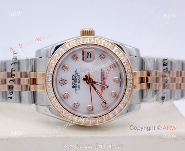 Copy Rolex Datejust Diamond Dial 2-Tone Rose Gold Jubilee White MOP Watch for Woman 31mm 3