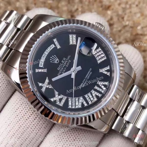 High Quality Copy Rolex Day-Date 40MM Watch MingZhu Movement SS Black Diamond Roman Face 3
