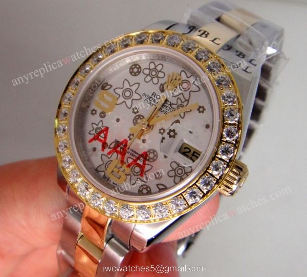 Replica Rolex Diamond Bezel Datejust 2-Tone Silver Flower Ladies Watch 3