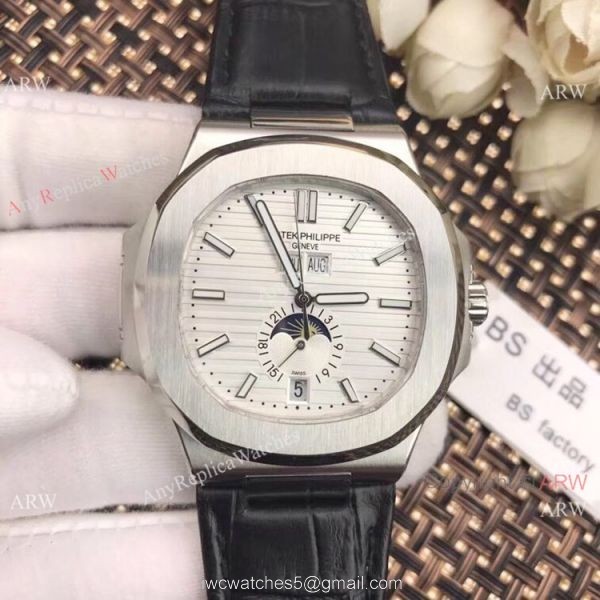 New Patek Philippe Nautilus White Face Annual Calendar Watch Brown Leather Strap 3