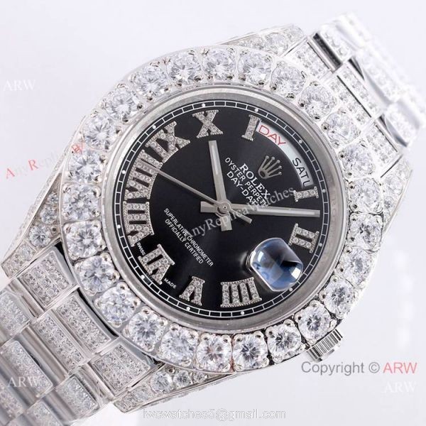 Day Date Rolex Diamond Bezel Replica Watch Stainless Steel Black Dial 43mm 3