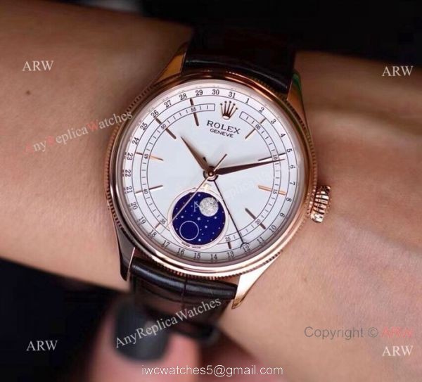 New Upgraded Rolex Cellini Moonphase Replica For Sale Rose Gold White Dial Watches 3