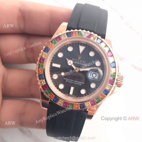 High Quality Rolex YachtMaster Rose Gold Replica Watch Multicolor Gem 3