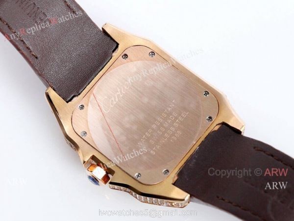 Iced Out Cartier Santos Diamond Watch Automatic Brown Leather Strap 3