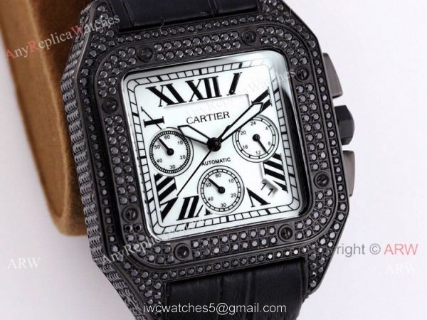 Cartier Santos Black Diamond White Dial 45mm Watch VK Chronograph 3