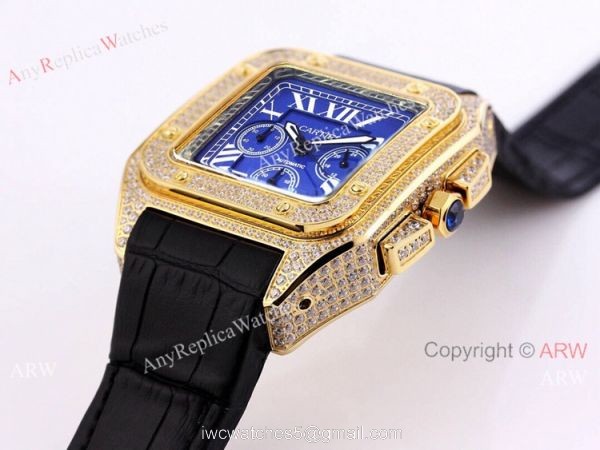 Iced Out Cartier Santos VK Chronograph Watch Blue Dial 45mm 3