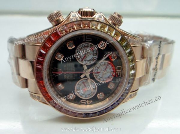 Replica Rolex Daytona Rainbow Watch Rose Gold Diamond Bezel Sapphire glass 3