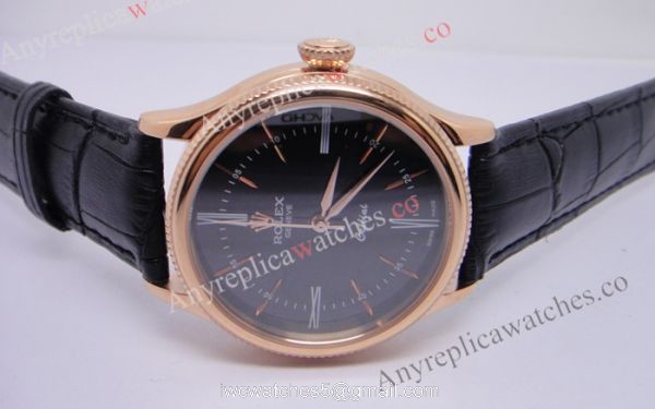 Rolex Geneve Cellini Time Watch Replica Rose Gold Black Face Black Leather 3